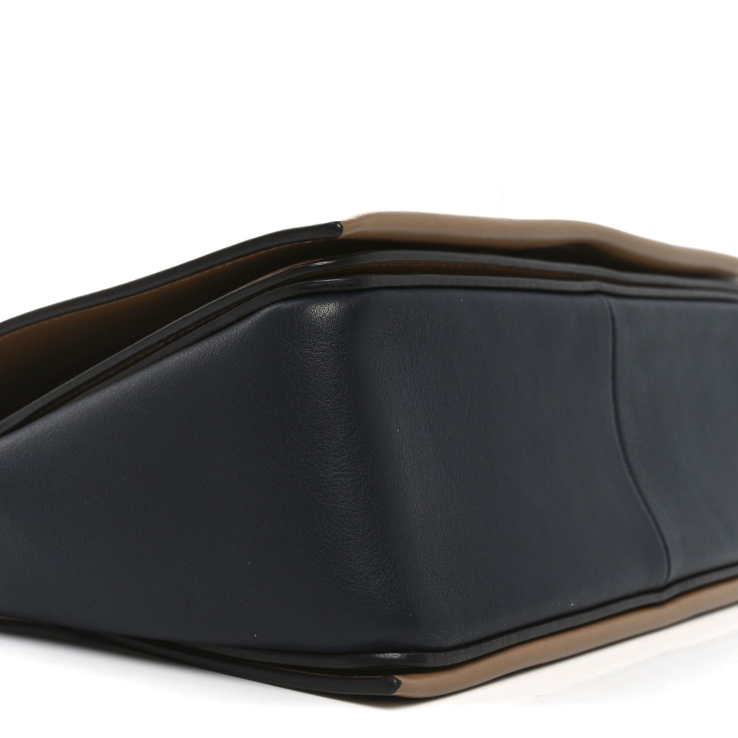 Shiny Smooth Calfskin Medium Frame Shoulder Bag Tan Navy