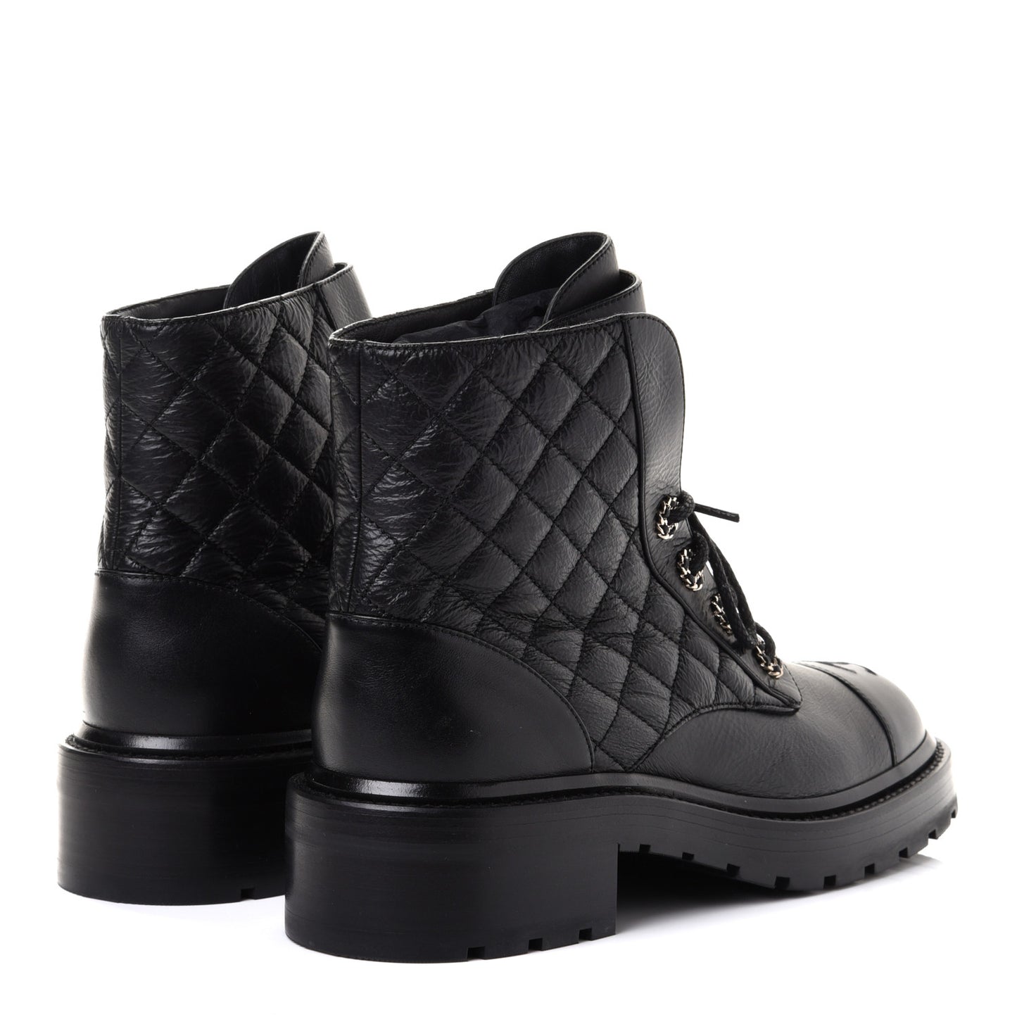 Shiny Goatskin Calfskin Quilted Lace Up Combat Boots 39 Black