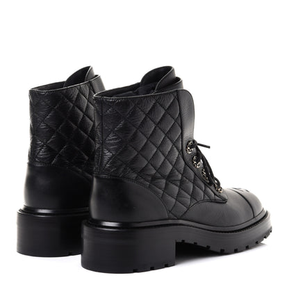 Chanel Shiny Goatskin Calfskin Quilted Lace Up Combat Boots 39 Black 4 of 10