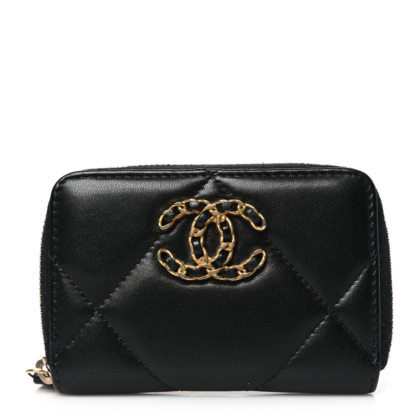 Lambskin Quilted Chanel 19 Zip Around Coin Purse Wallet Black