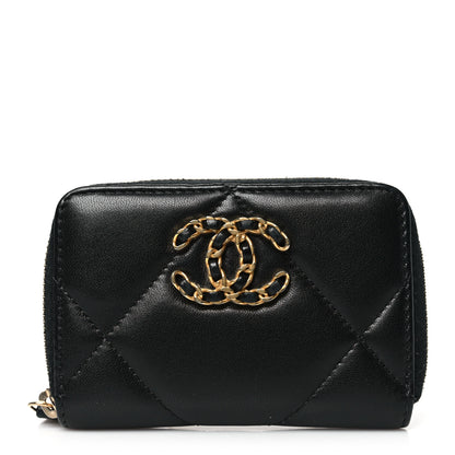 Chanel Lambskin Quilted Chanel 19 Zip Around Coin Purse Wallet Black 1 of 8