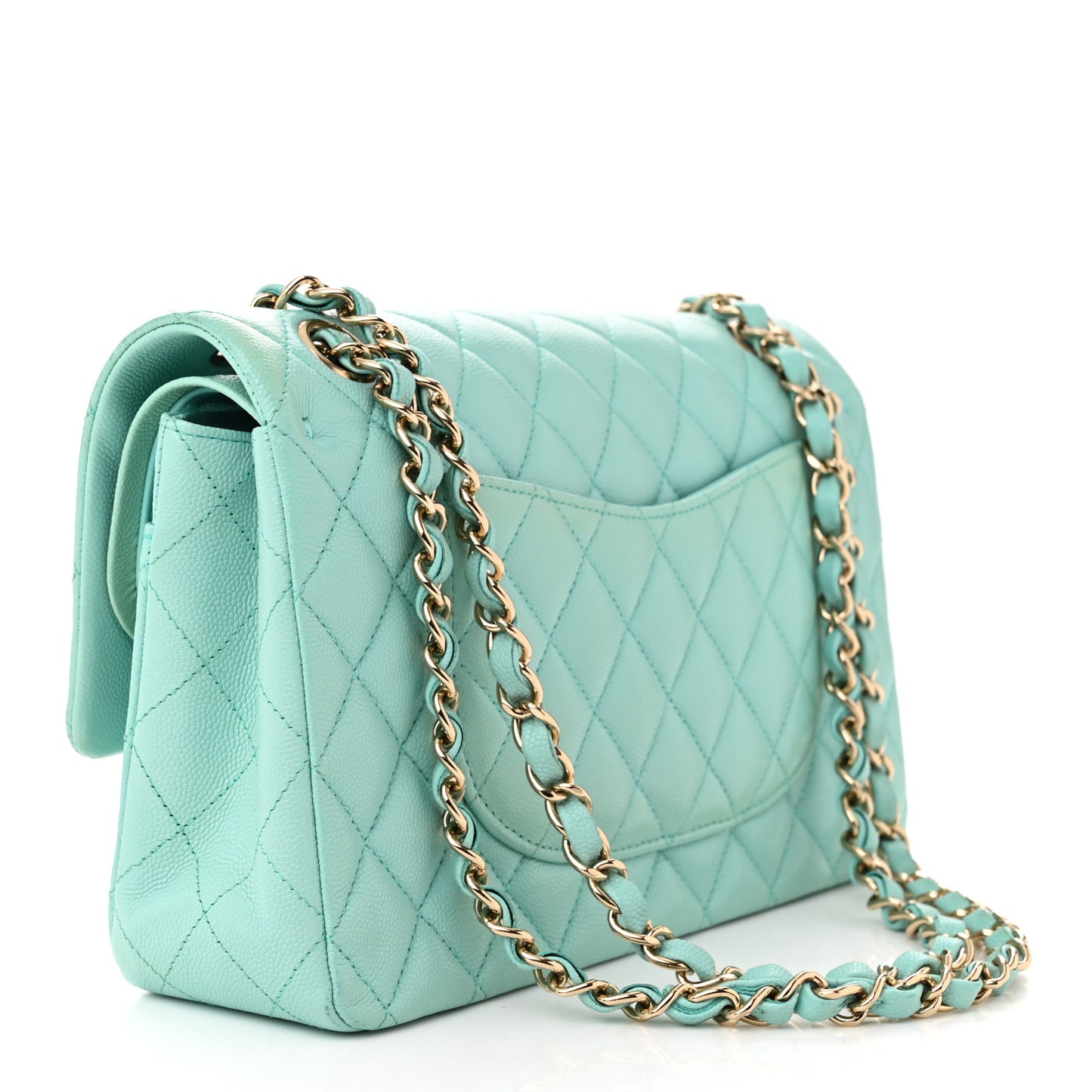 Caviar Quilted Medium Double Flap Light Blue