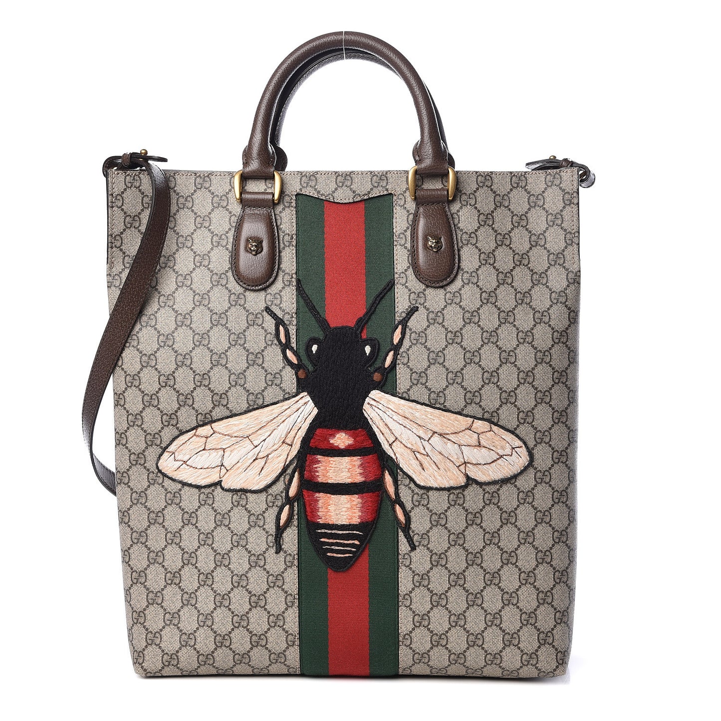 GG Supreme Monogram Web Animalier Bee Vertical Tote Brown