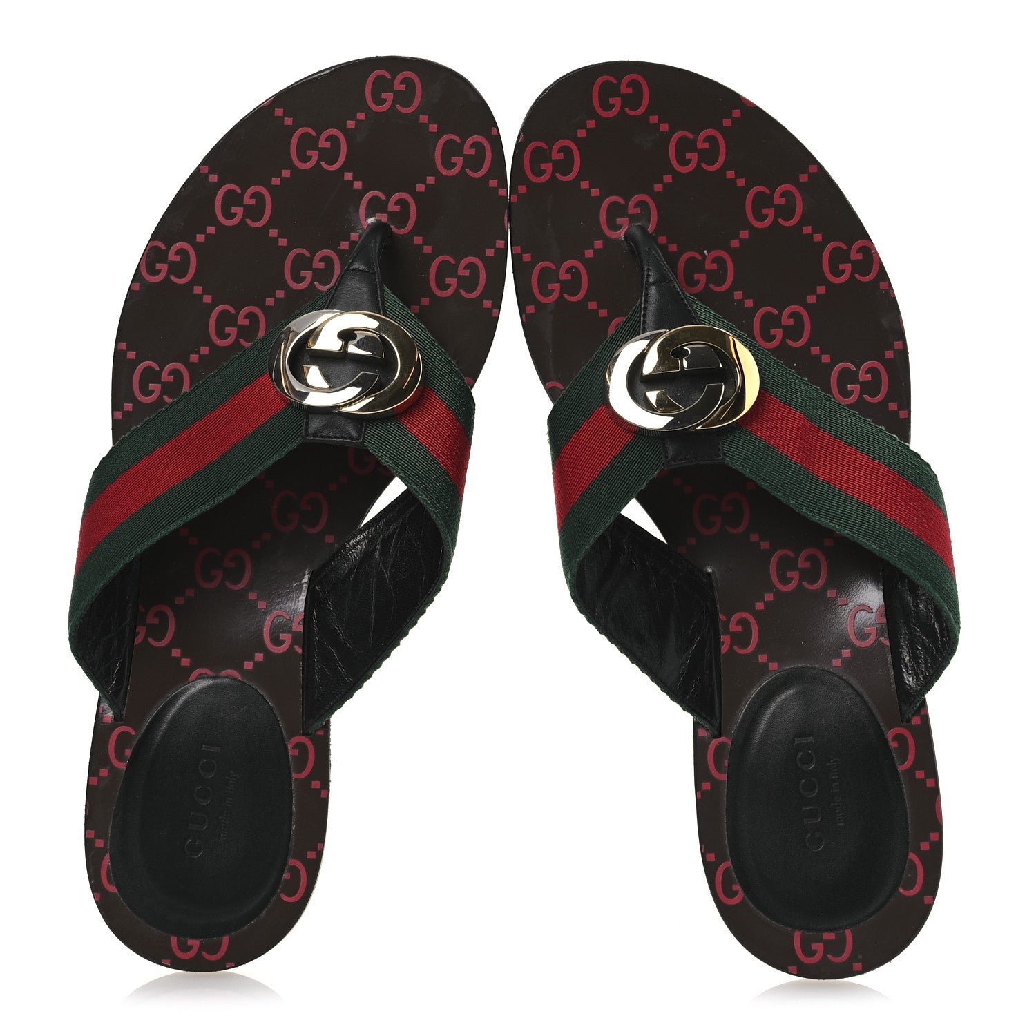 Gucci Nylon Calfskin Web GG Monogram Womens Thong Sandals 38 Green Red Cocoa 2 of 12