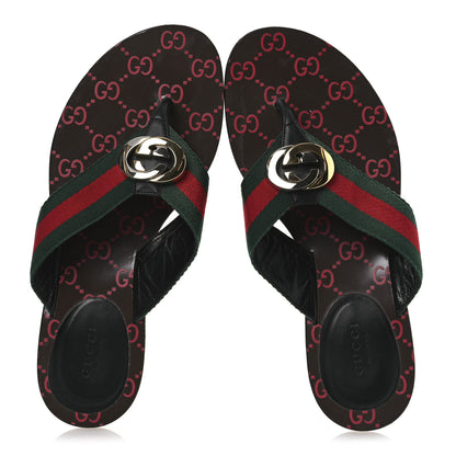 Gucci Nylon Calfskin Web GG Monogram Womens Thong Sandals 38 Green Red Cocoa 2 of 12