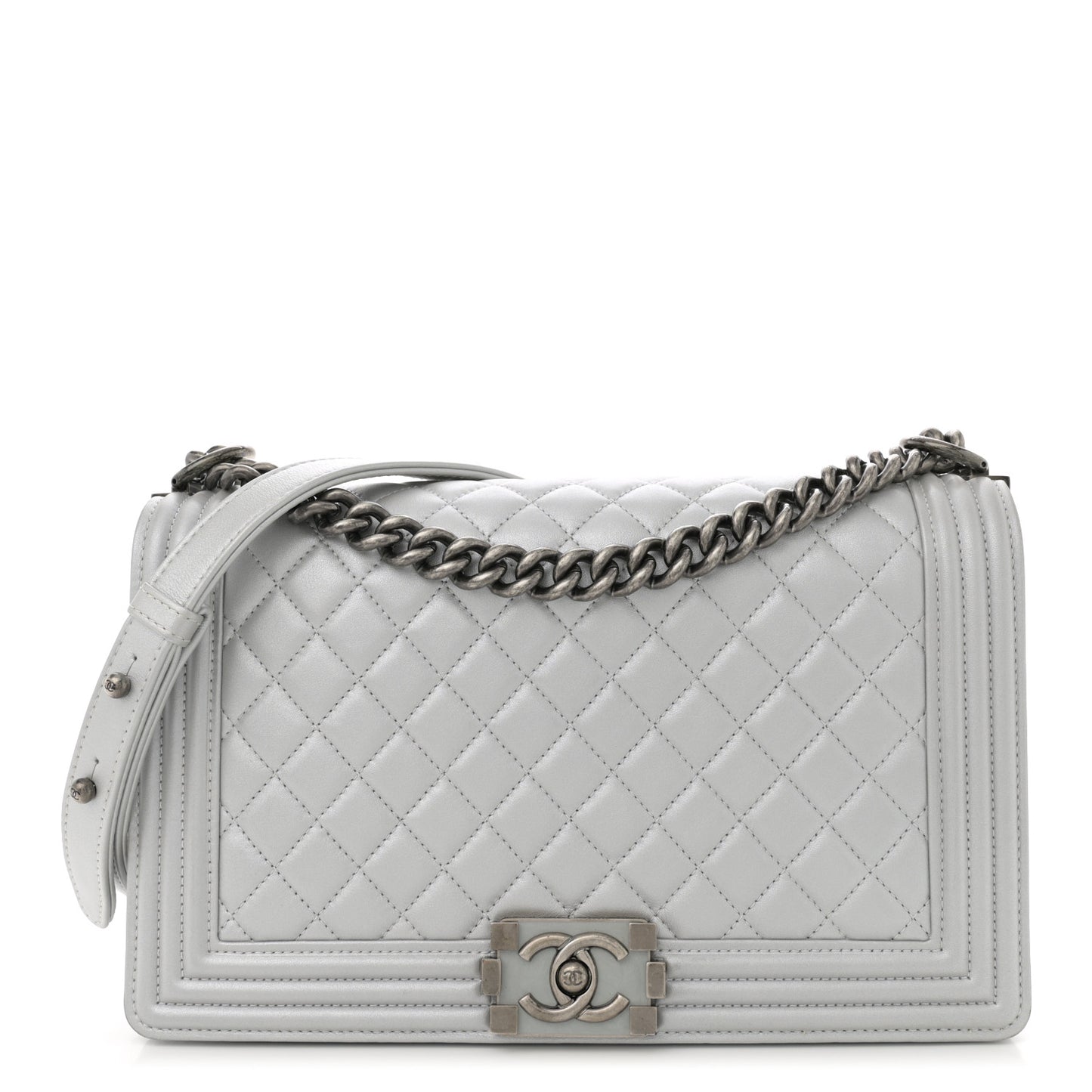 Metallic Calfskin Quilted New Medium Plexiglass Boy Flap Silver