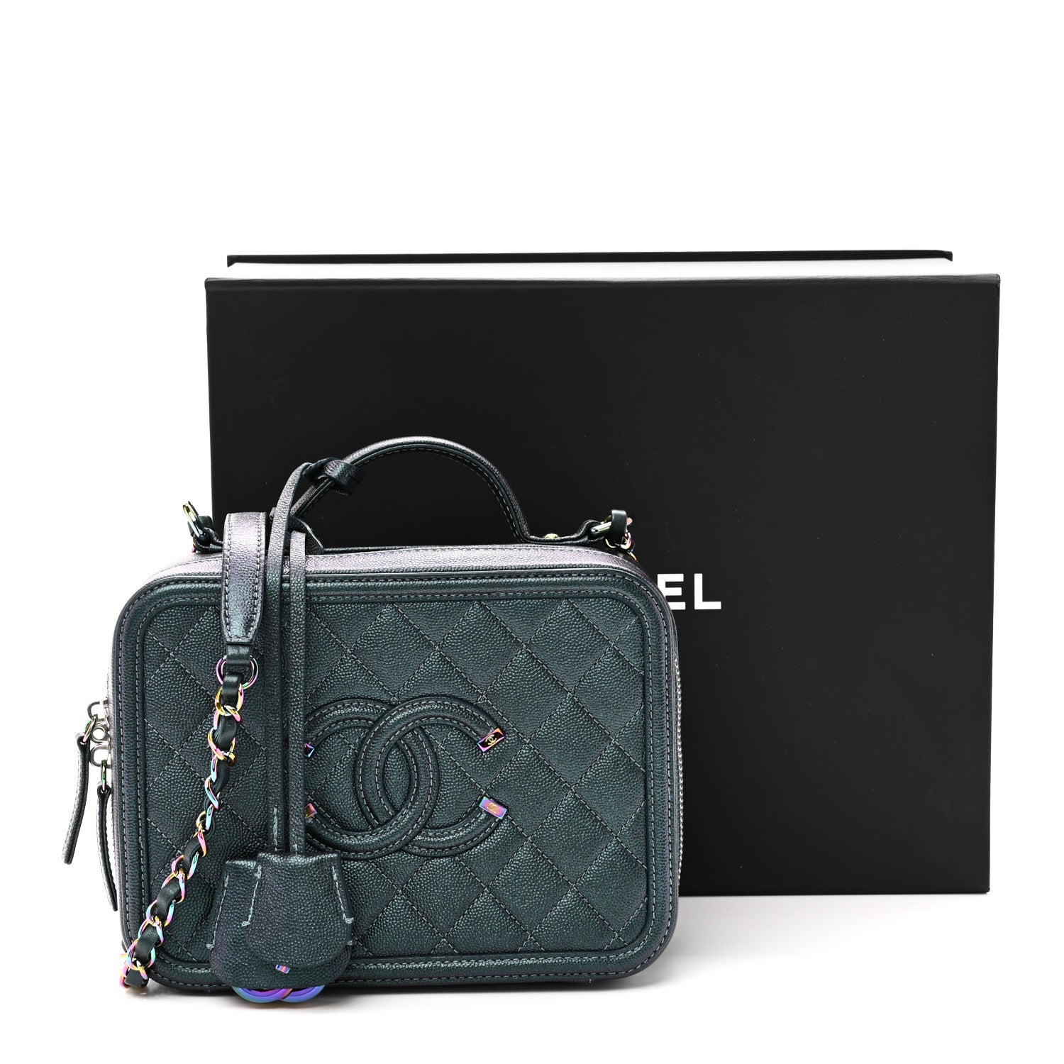 Chanel Iridescent Caviar Quilted Medium CC Filigree Vanity Case Dark Turquoise 11 of 11