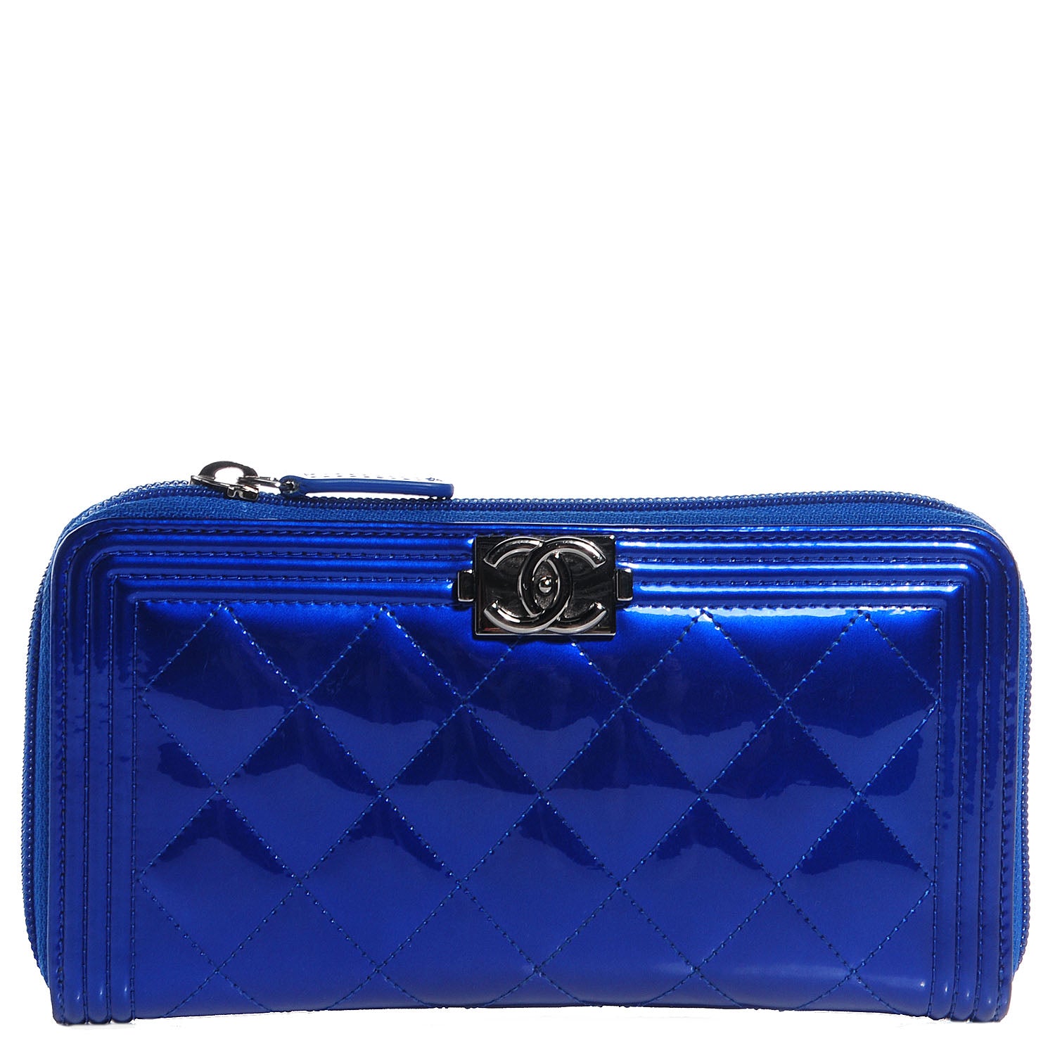 Chanel Metallic Patent Quilted Boy L-Gusset Zip Wallet Blue 1 of 9