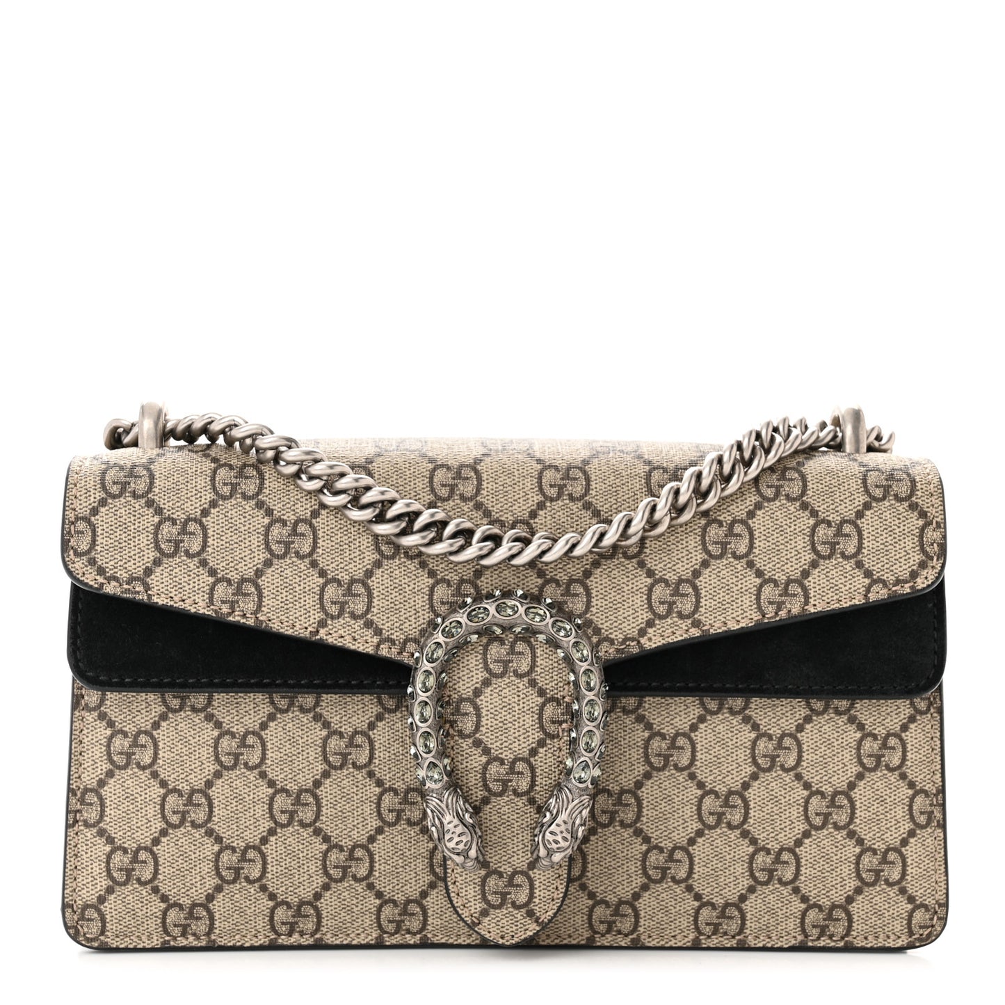 GG Supreme Monogram Suede Crystal Small Dionysus Shoulder Bag Beige Ebony Black