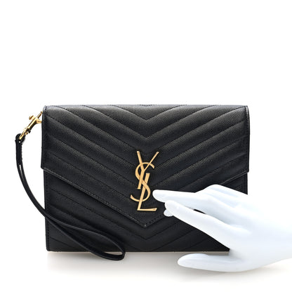 Saint Laurent Grain De Poudre Matelasse Chevron Monogram Envelope Clutch Black 2 of 6
