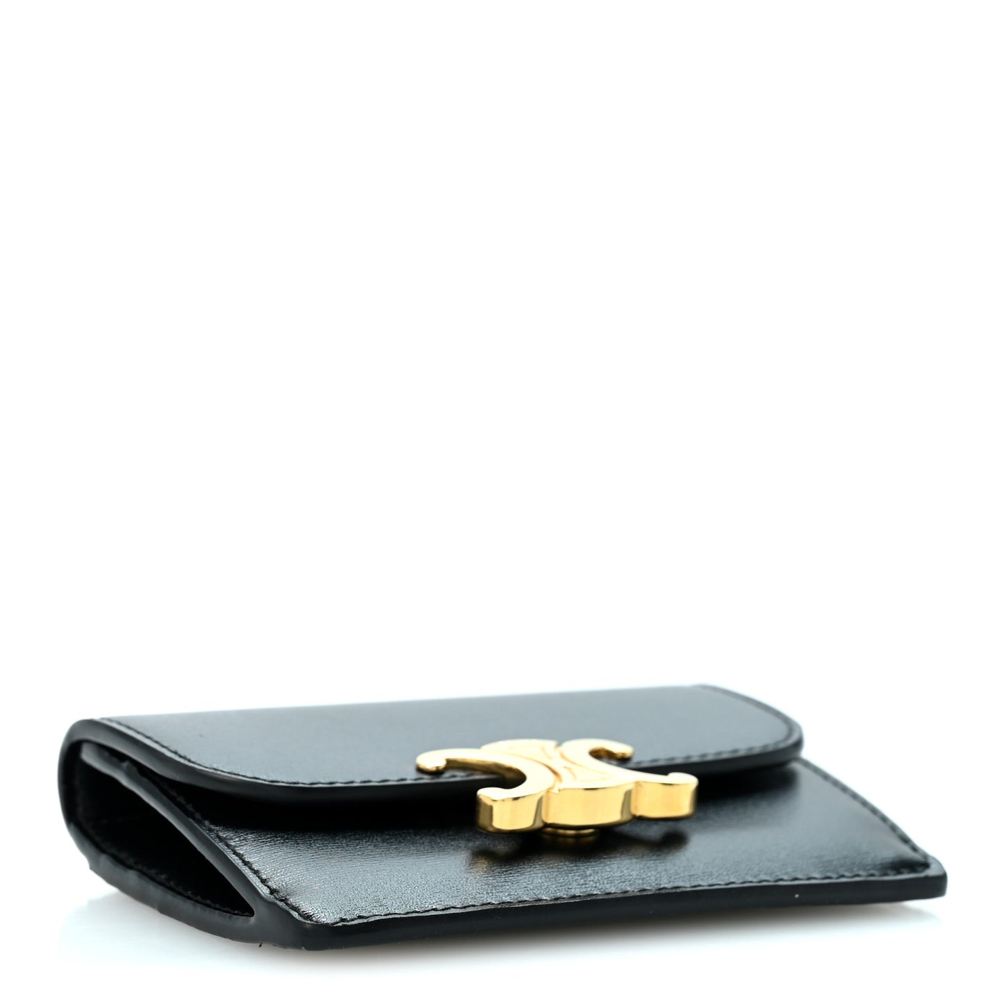 Shiny Calfskin Triomphe Flap Card Holder Black