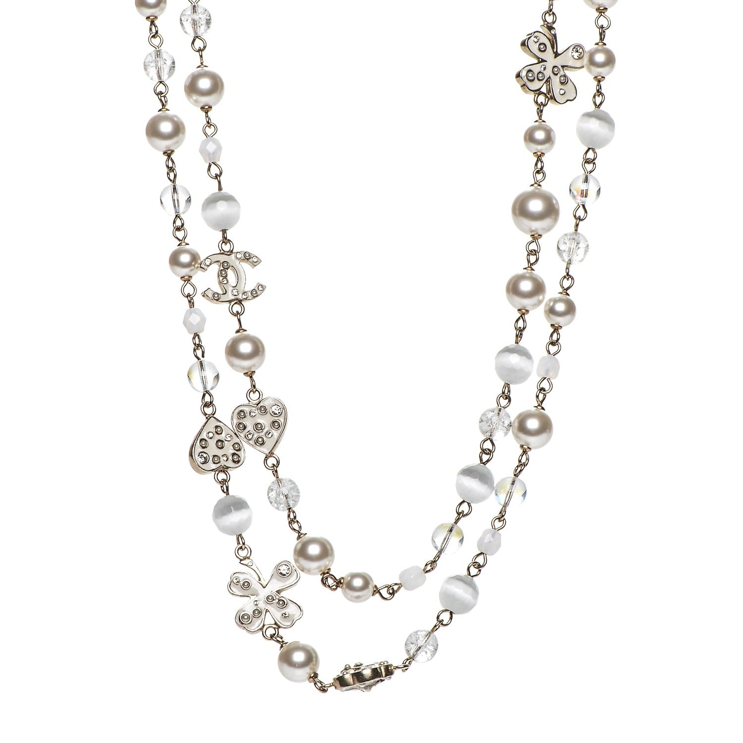 Chanel Pearl Crystal CC Beaded Lucky Charms Long Necklace Silver 1 of 6