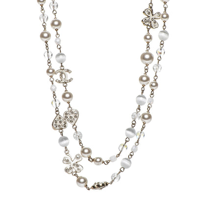 Chanel Pearl Crystal CC Beaded Lucky Charms Long Necklace Silver 1 of 6