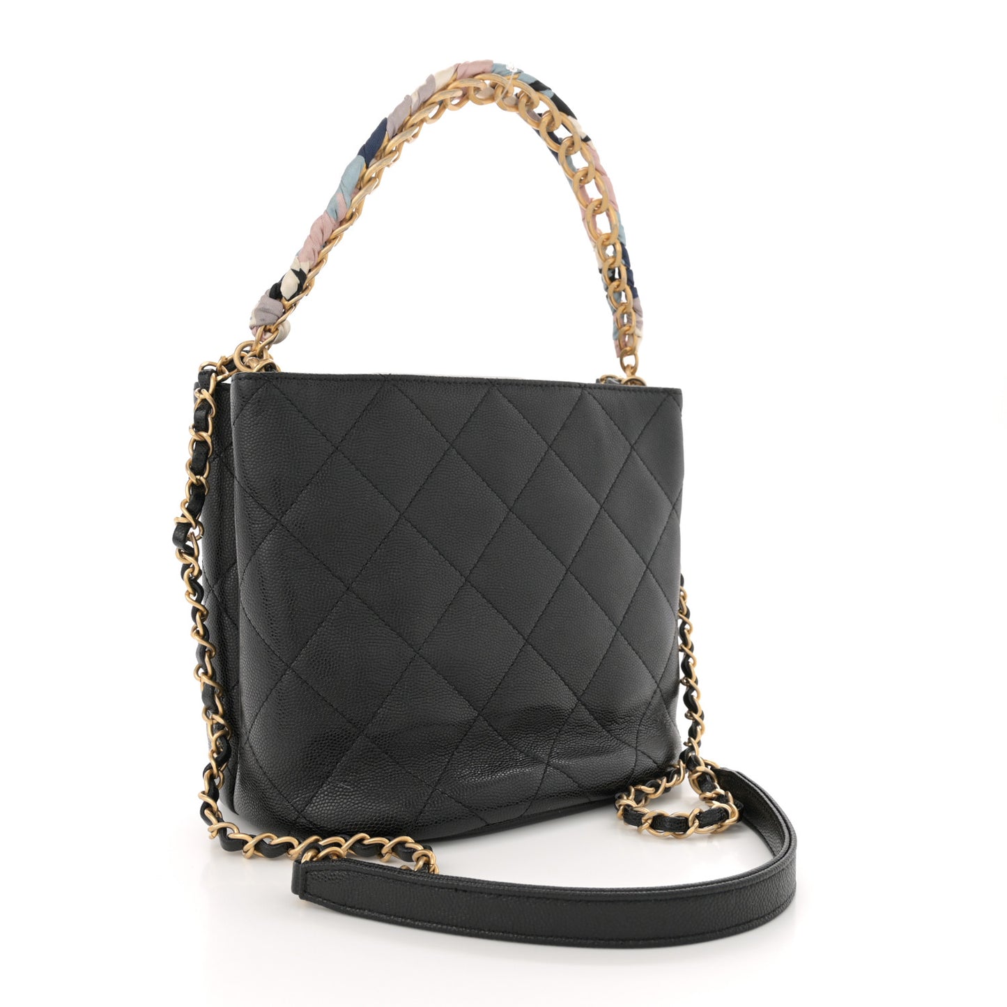 Caviar Quilted Chain Scarf Handle Bucket Bag Black