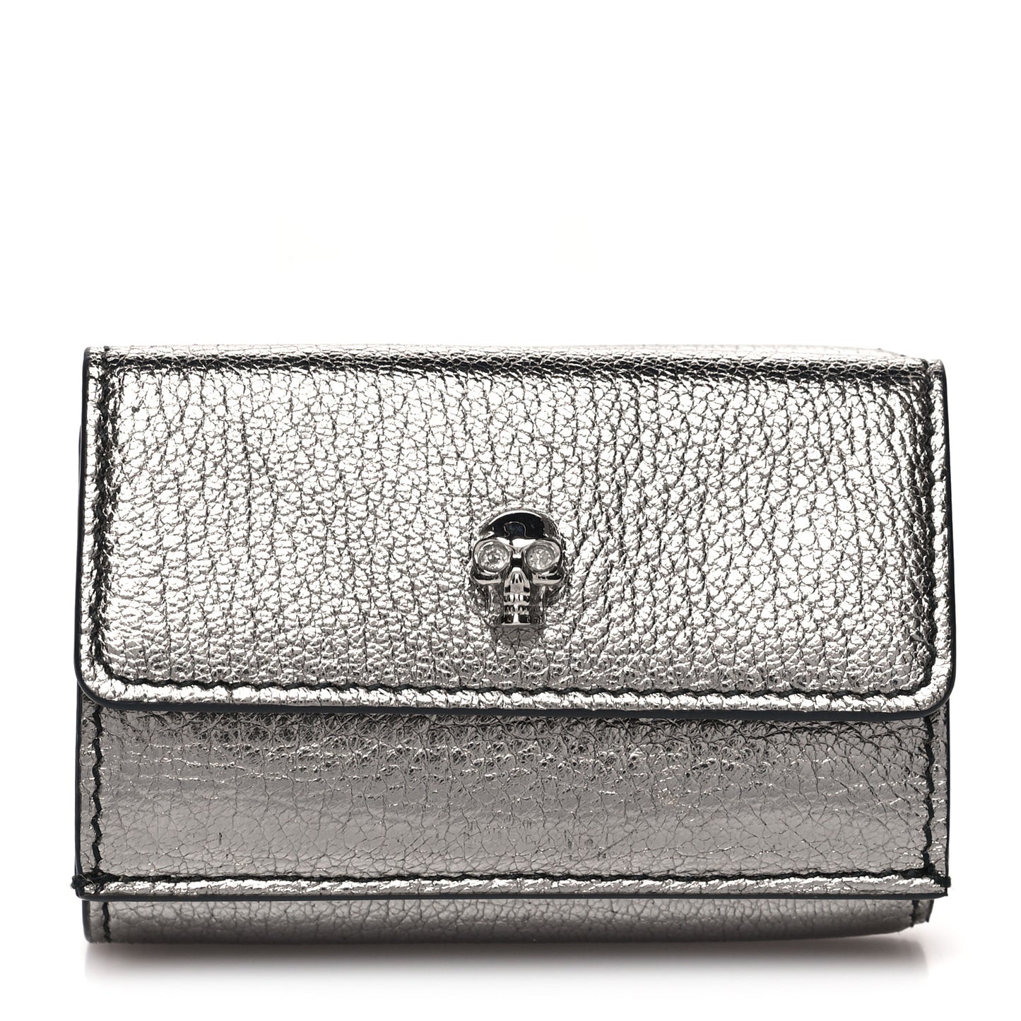 Metallic Calfskin Skull Short Flap Wallet Silver