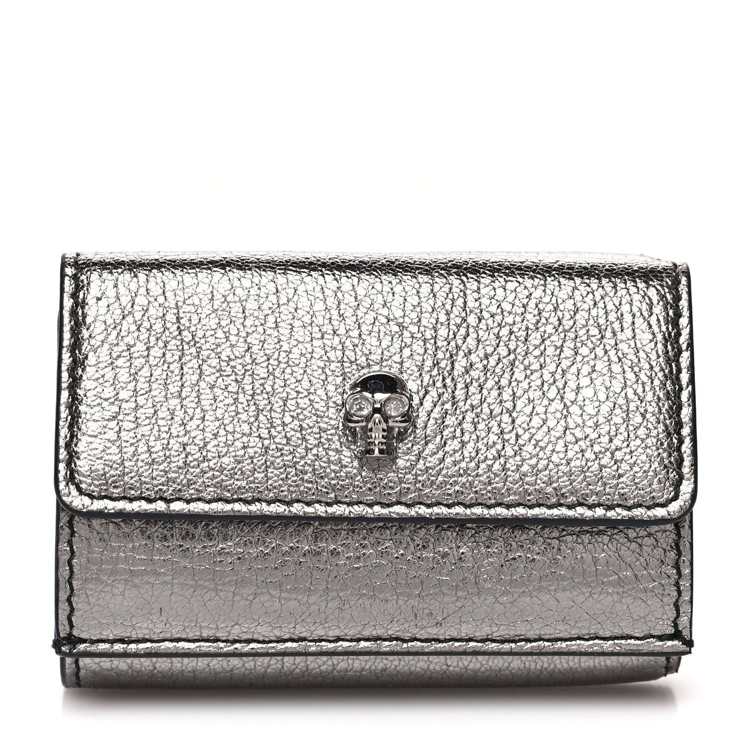 Alexander McQueen Metallic Calfskin Skull Short Flap Wallet Silver 1 of 9