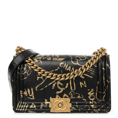 Chanel Calfskin Crocodile Embossed Graffiti Cocodile Medium Boy Flap Black Gold 1 of 16