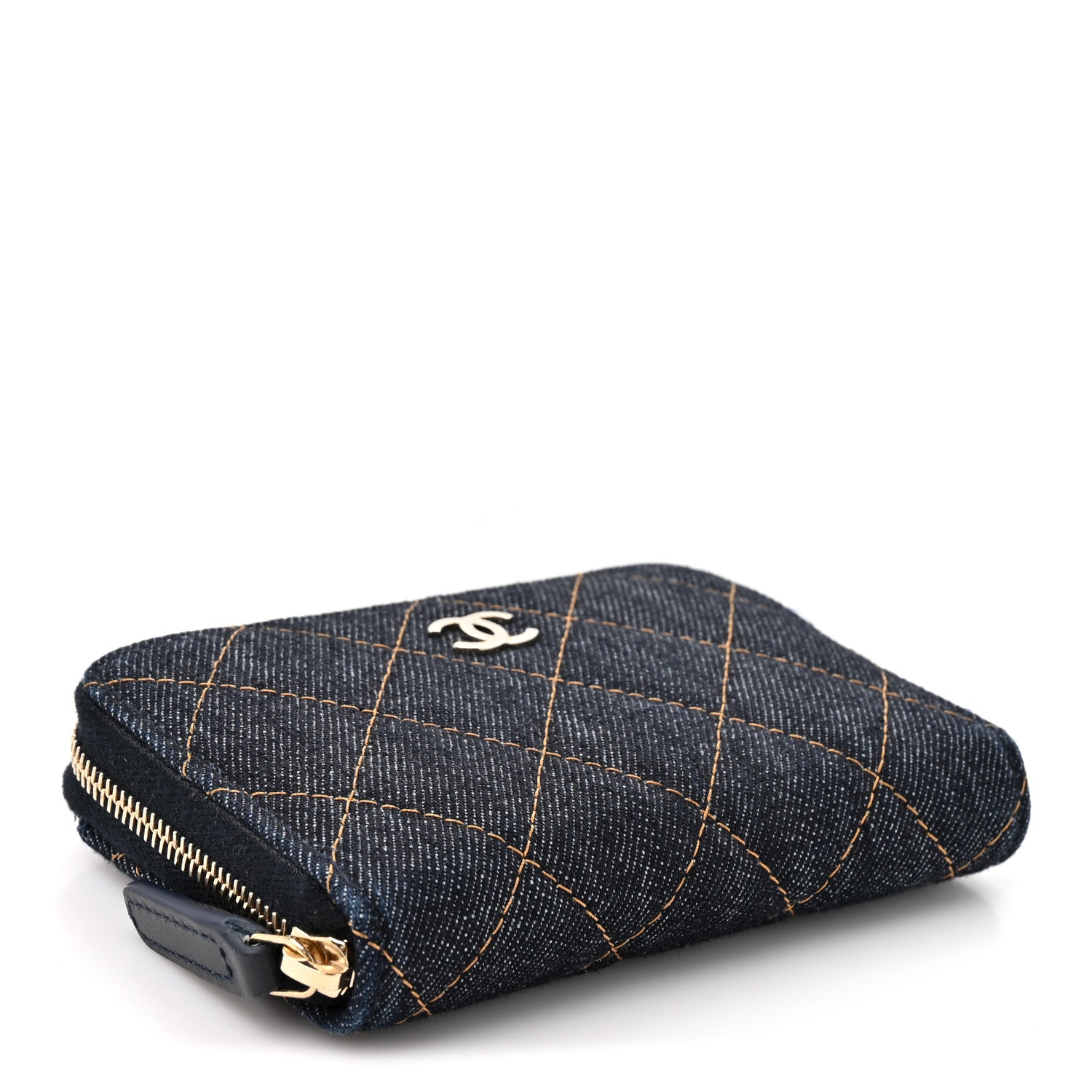 Chanel Denim Quilted Zip Coin Purse Dark Blue Orange 4 of 9