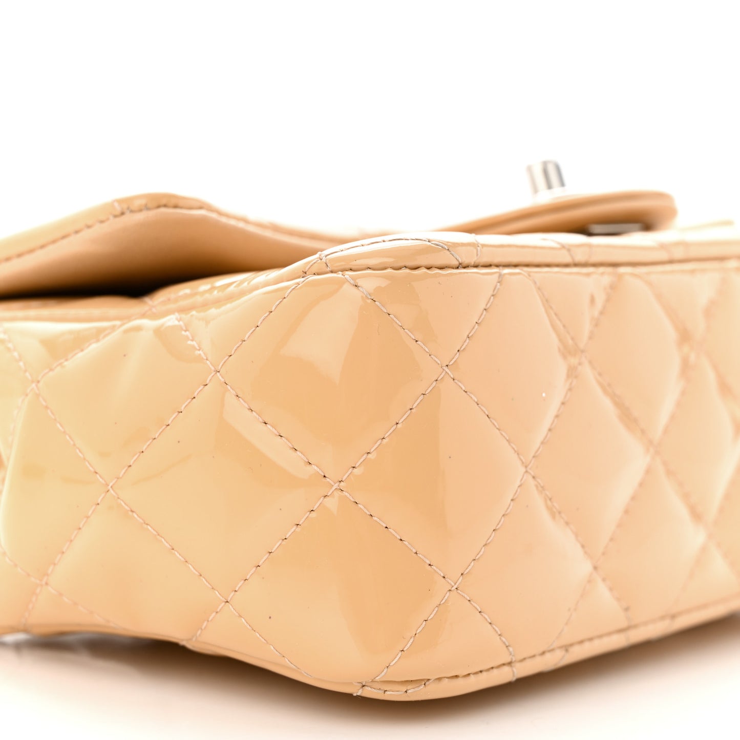 Patent Calfskin Quilted Mini Rectangular Flap Beige