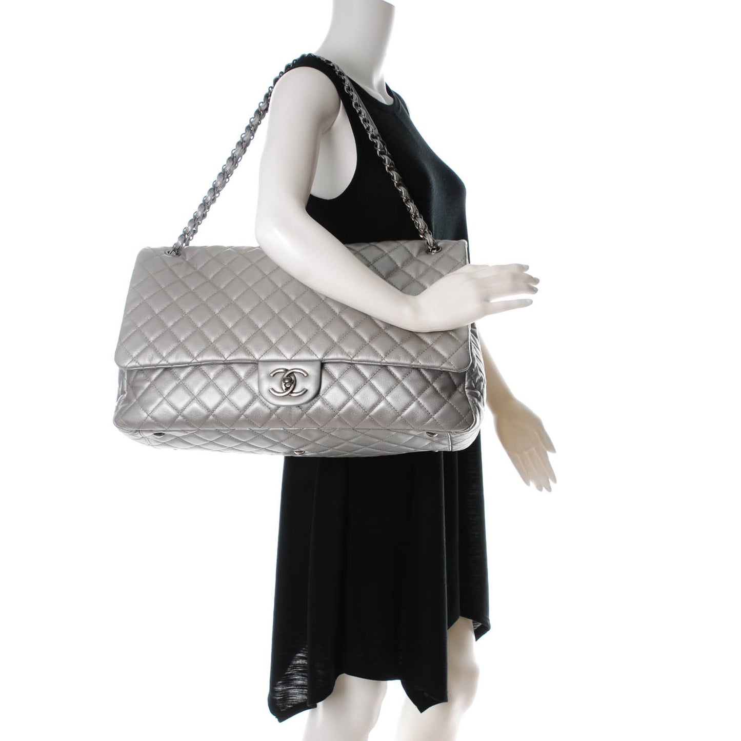 Calfskin XXL Travel Flap Bag Silver