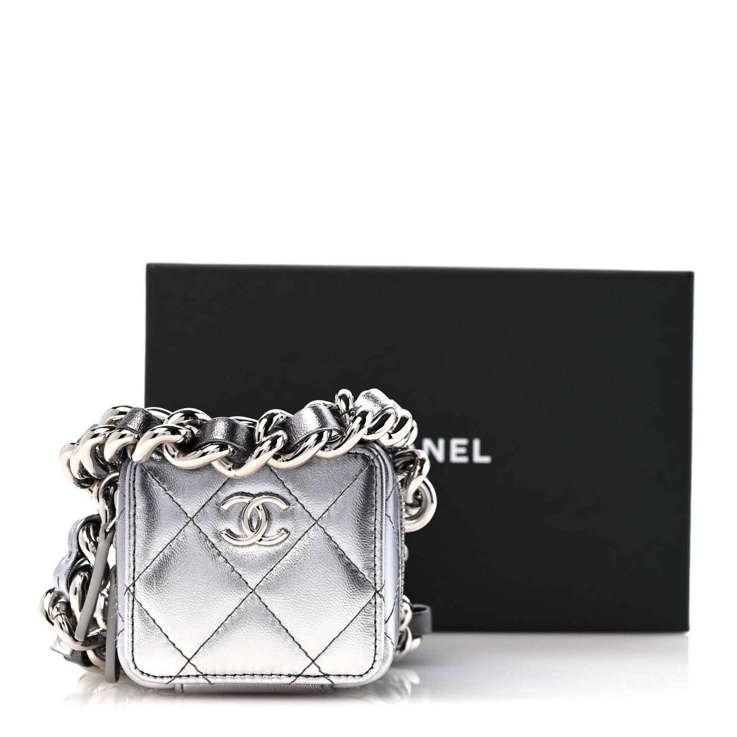 Gradient Metallic Lambskin Quilted Coco Punk Cube Clutch With Chain Silver Black