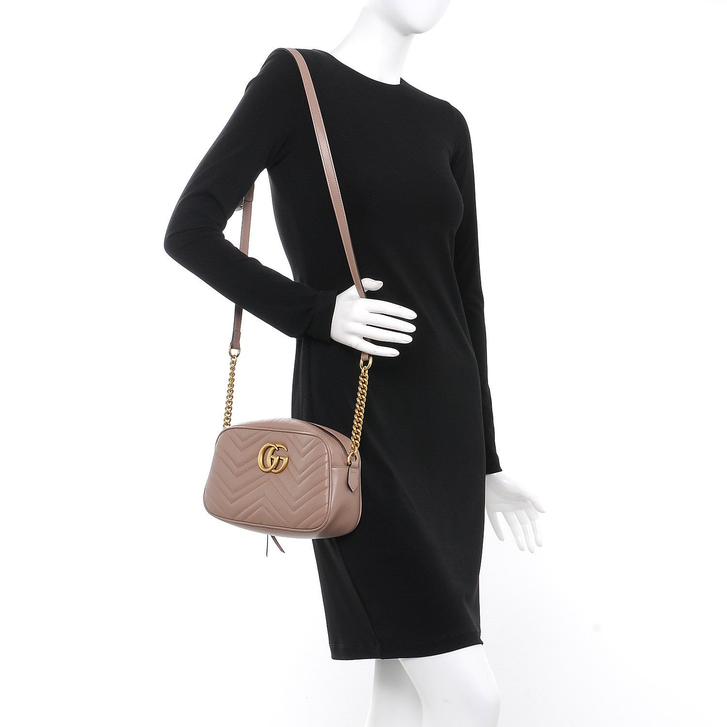 Gucci Calfskin Matelasse Small GG Marmont Chain Shoulder Bag Taupe 2 of 8