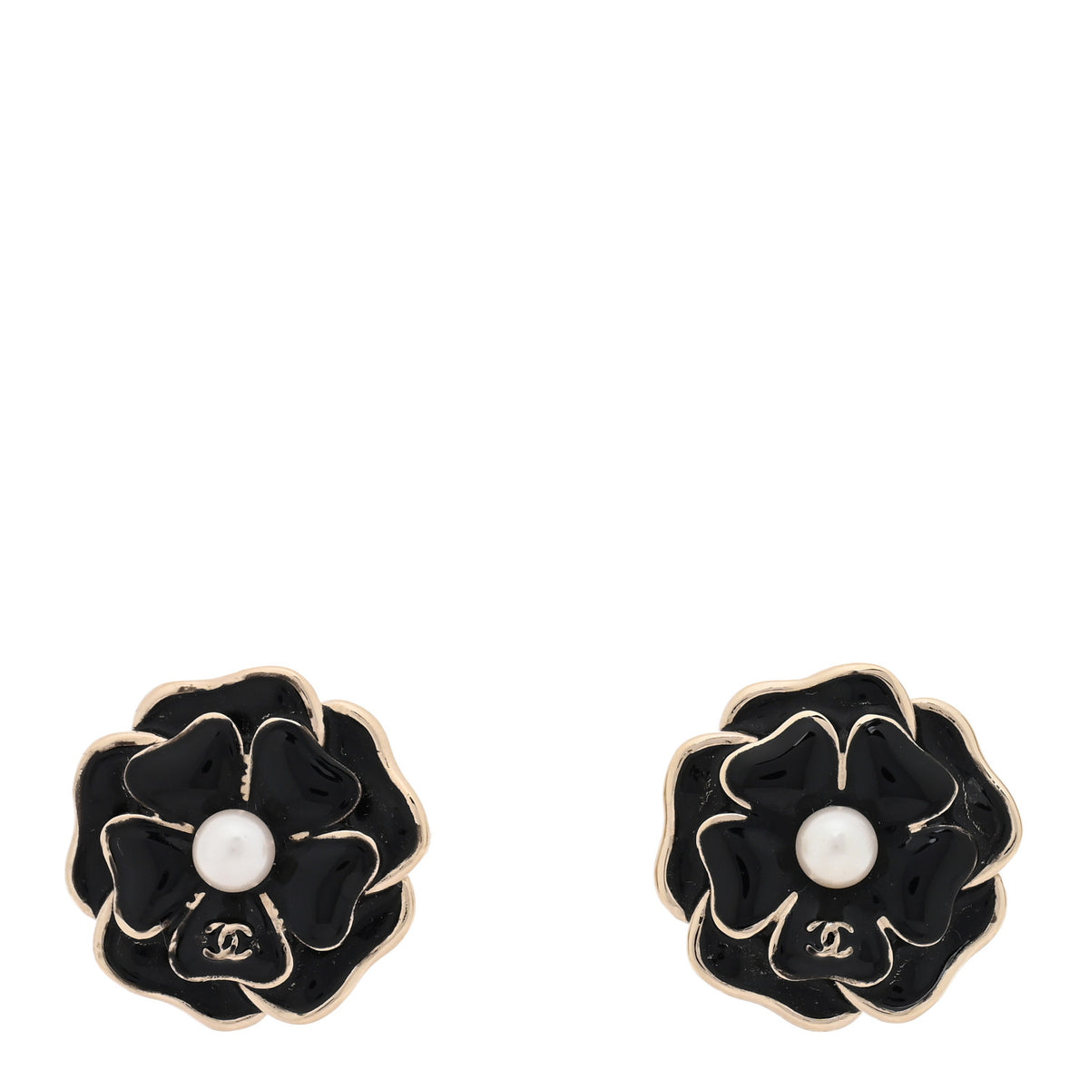 Metal Resin Pearl CC Camellia Stud Earrings Gold Black