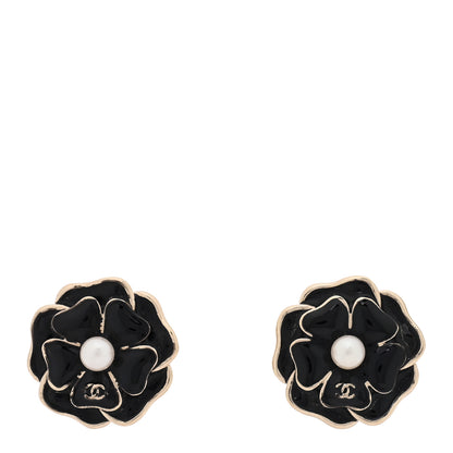Chanel Metal Resin Pearl CC Camellia Stud Earrings Gold Black 1 of 5