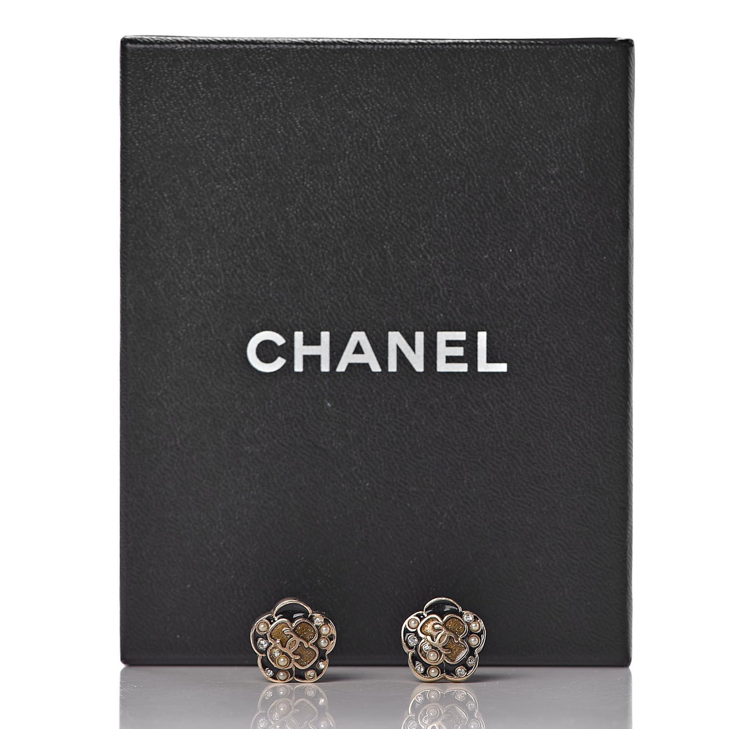Enamel Flower CC Earrings Black Gold