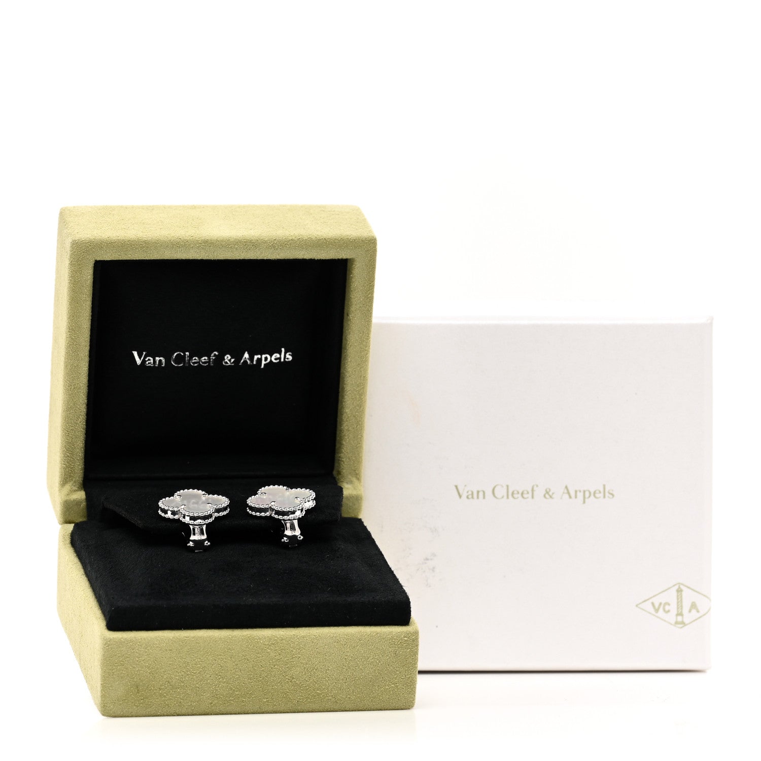 Van Cleef & Arpels 18K White Gold Mother of Pearl Vintage Alhambra Earrings 5 of 5