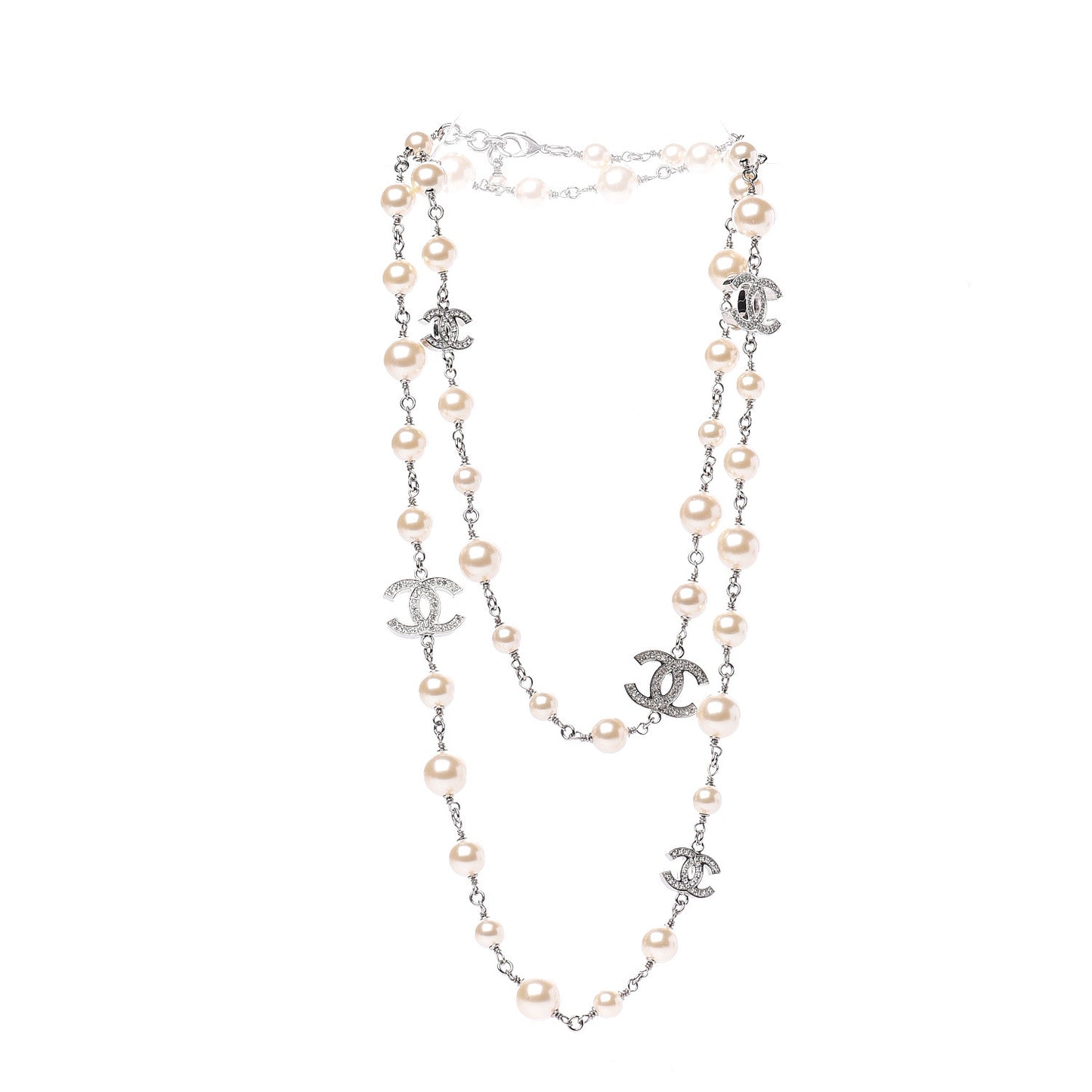 Graduated Pearl Crystal CC Long Necklace Silver
