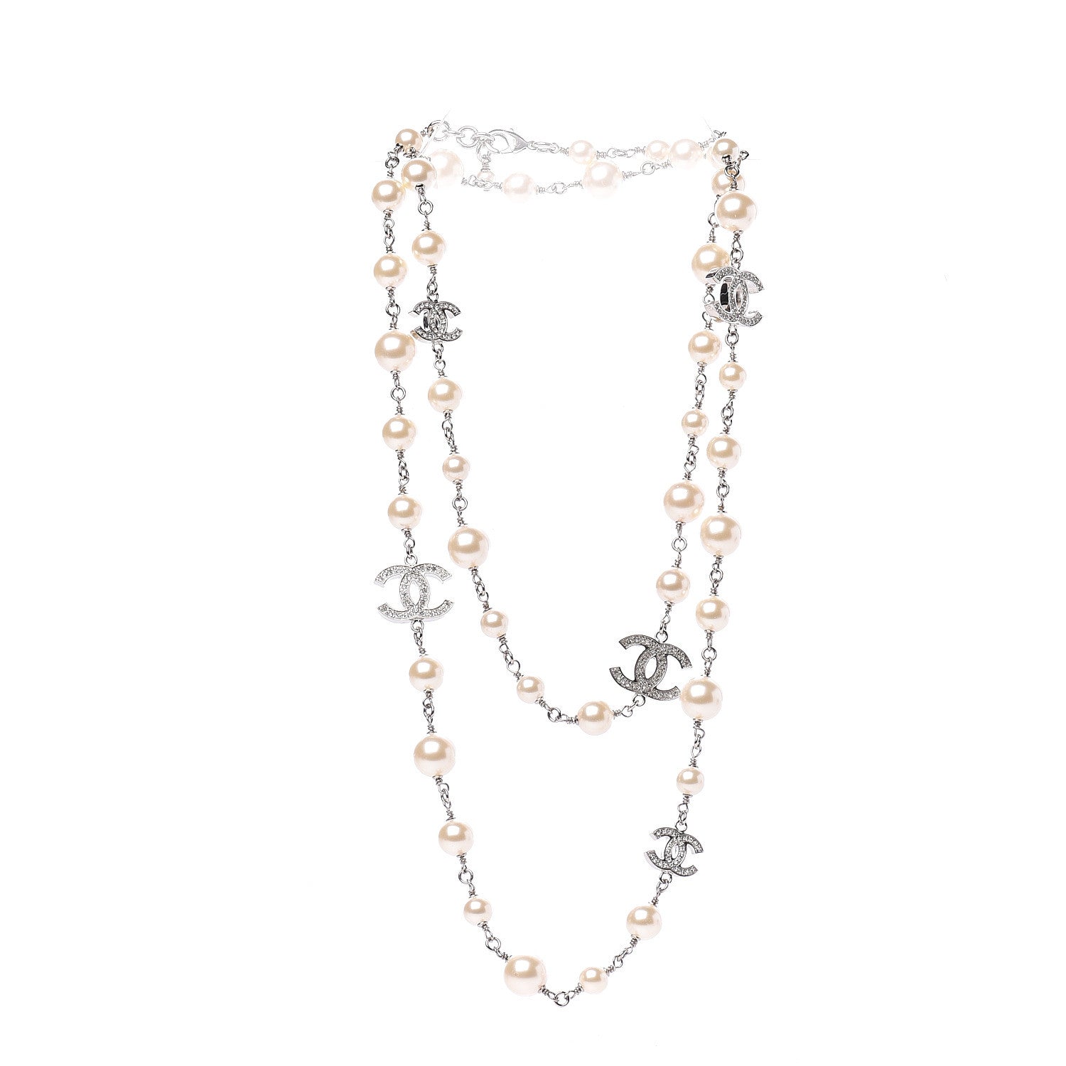 Chanel Graduated Pearl Crystal CC Long Necklace Silver 2 of 3