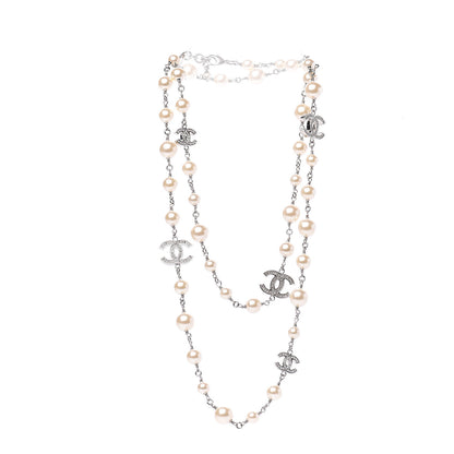 Chanel Graduated Pearl Crystal CC Long Necklace Silver 2 of 3