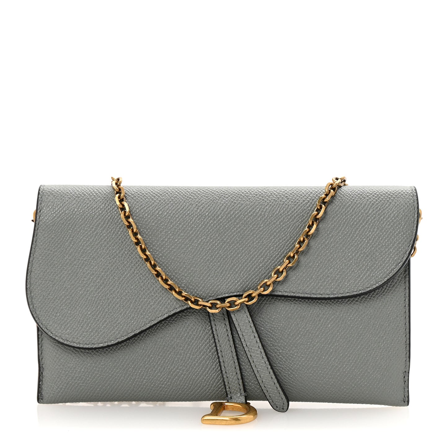 Grained Calfskin Saddle Chain Wallet Pouch Grey Stone