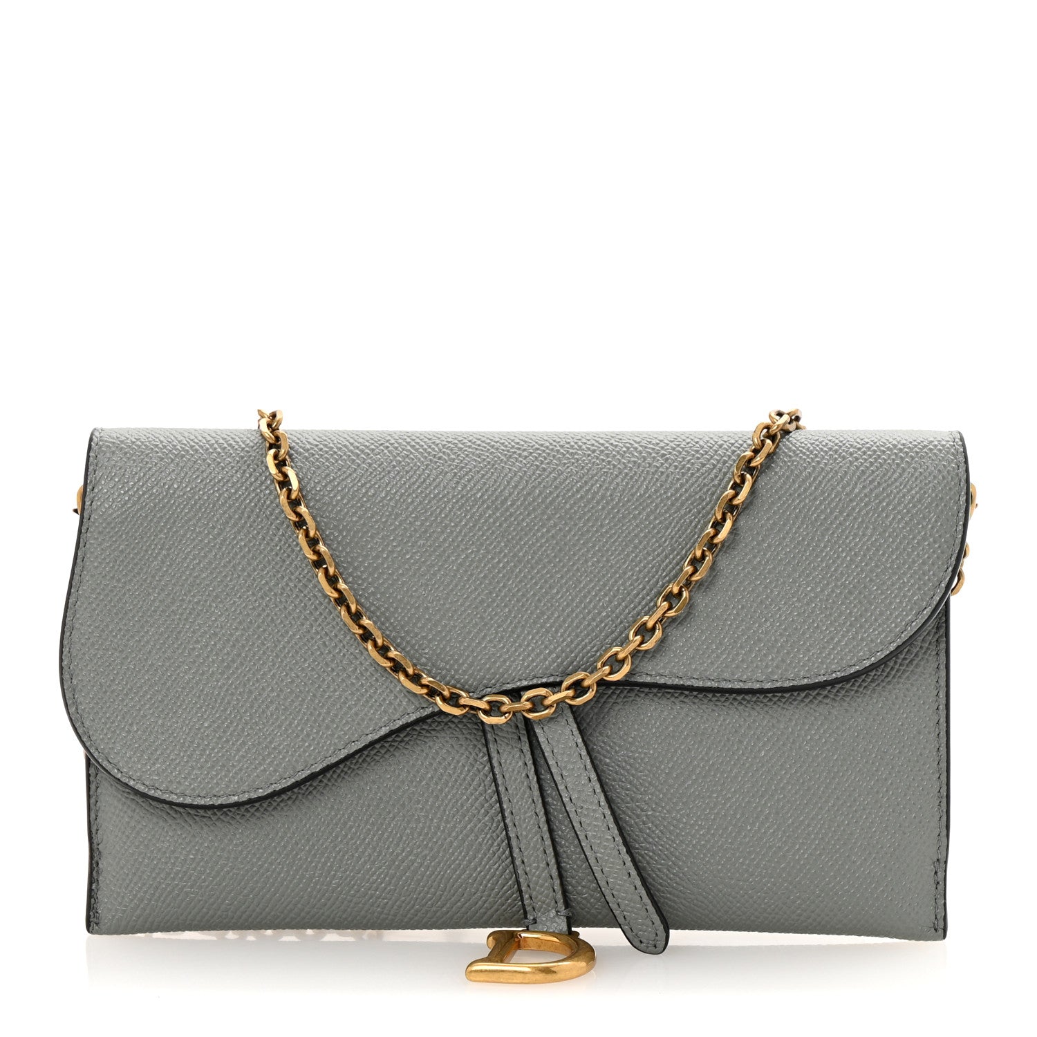 Christian Dior Grained Calfskin Saddle Chain Wallet Pouch Grey Stone 1 of 12