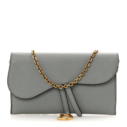 Christian Dior Grained Calfskin Saddle Chain Wallet Pouch Grey Stone 1 of 12