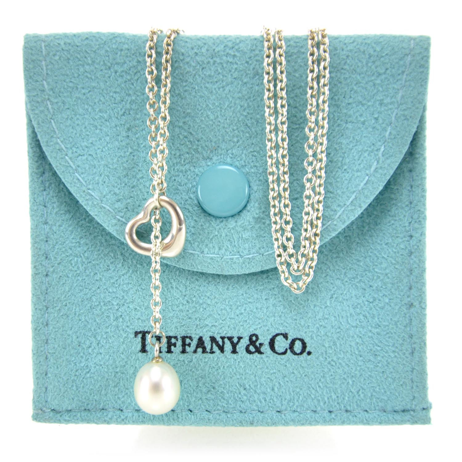 Tiffany Sterling Silver Pearl 7.5-8mm Elsa Peretti Open Heart Lariat Necklace 3 of 4