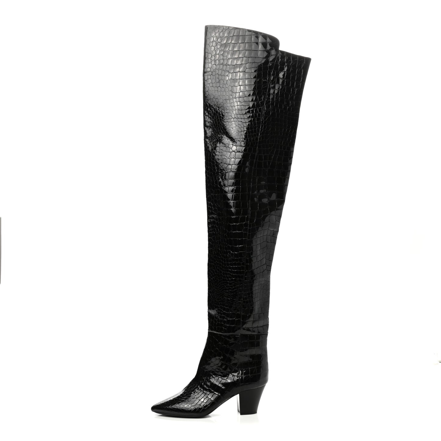 Calfskin Crocodile Embossed Kim Thigh High Boots 39 Black