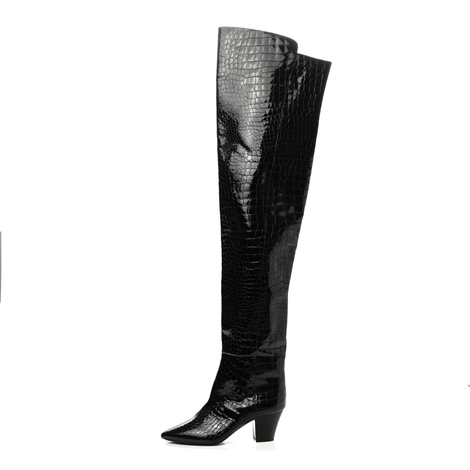 Saint Laurent Calfskin Crocodile Embossed Kim Thigh High Boots 39 Black 1 of 7