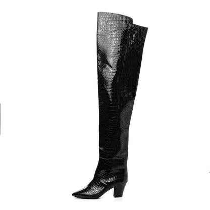 Saint Laurent Calfskin Crocodile Embossed Kim Thigh High Boots 39 Black 1 of 7