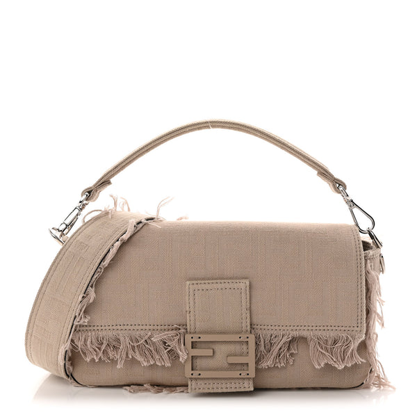 Fendi Nylon Fabric Jacquard FF Fringed Baguette Cuoio Pietra