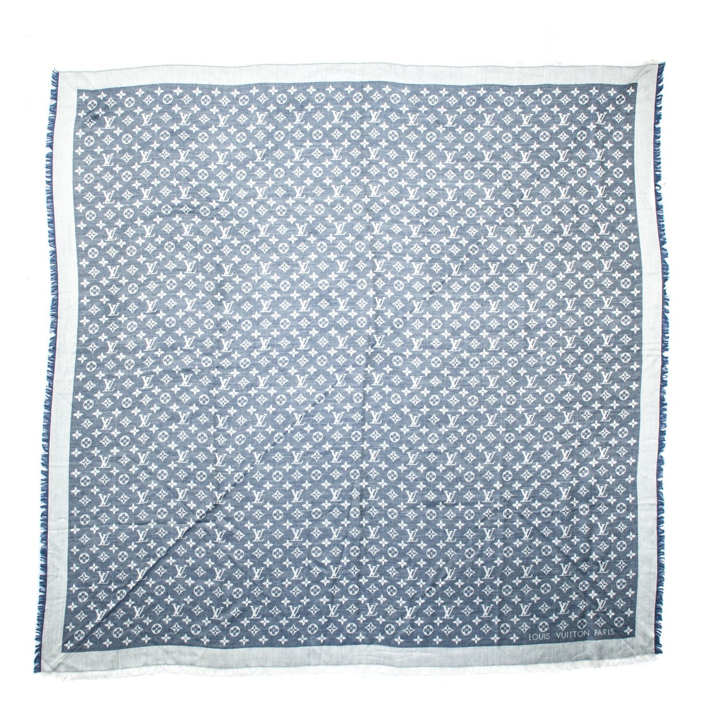 Wool Silk Monogram Denim Shawl Blue