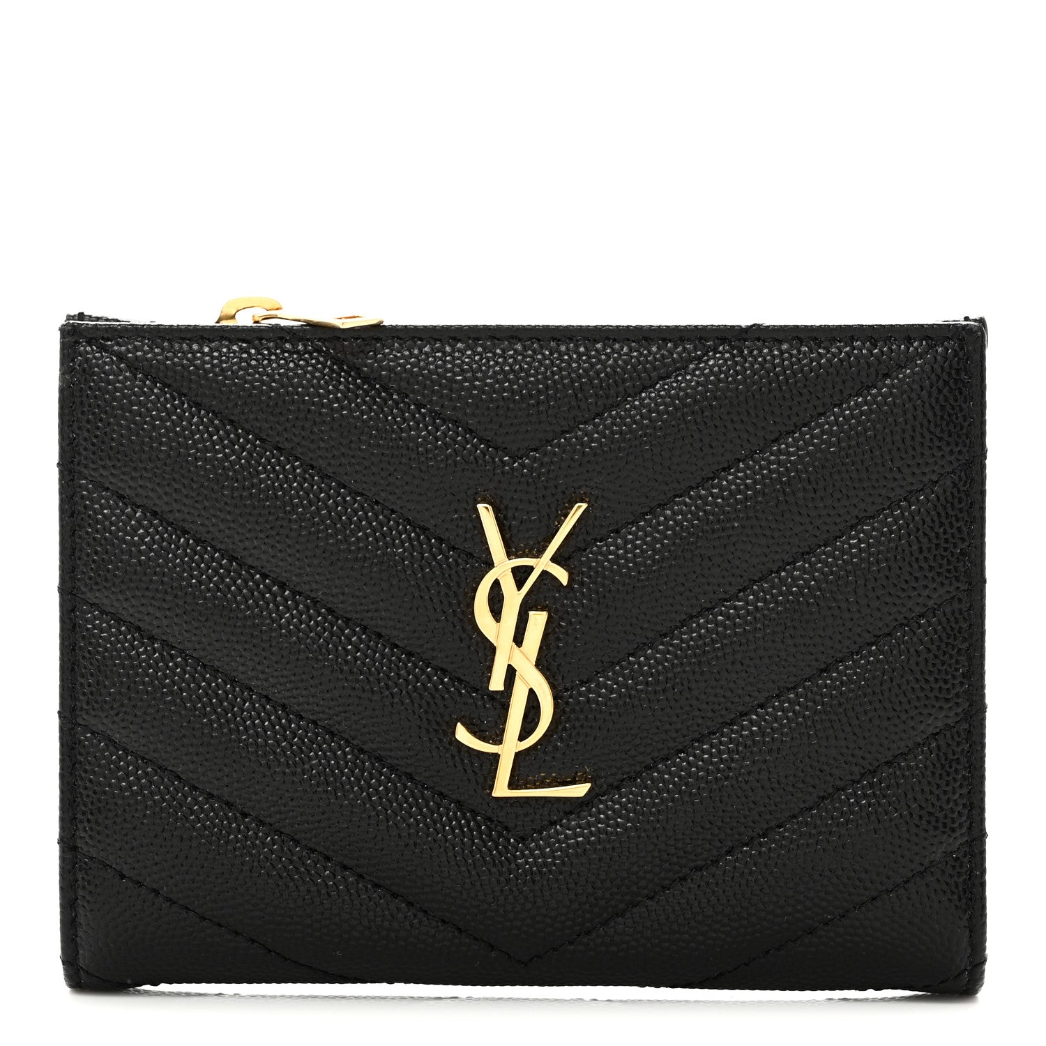 Saint Laurent Grain De Poudre Matelasse Chevron Monogram Zipped Two-Part Wallet Black 1 of 8