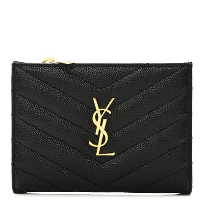 Saint Laurent Grain De Poudre Matelasse Chevron Monogram Zipped Two-Part Wallet Black 1 of 8