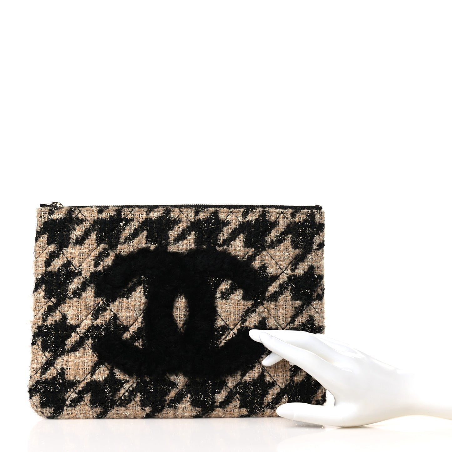 Tweed Shearling Quilted Chanel Cosmetic Pouch Beige Black