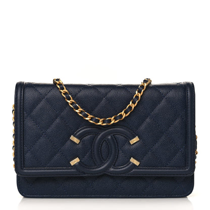 Chanel Caviar Quilted CC Filigree Wallet On Chain WOC Navy 1 of 10