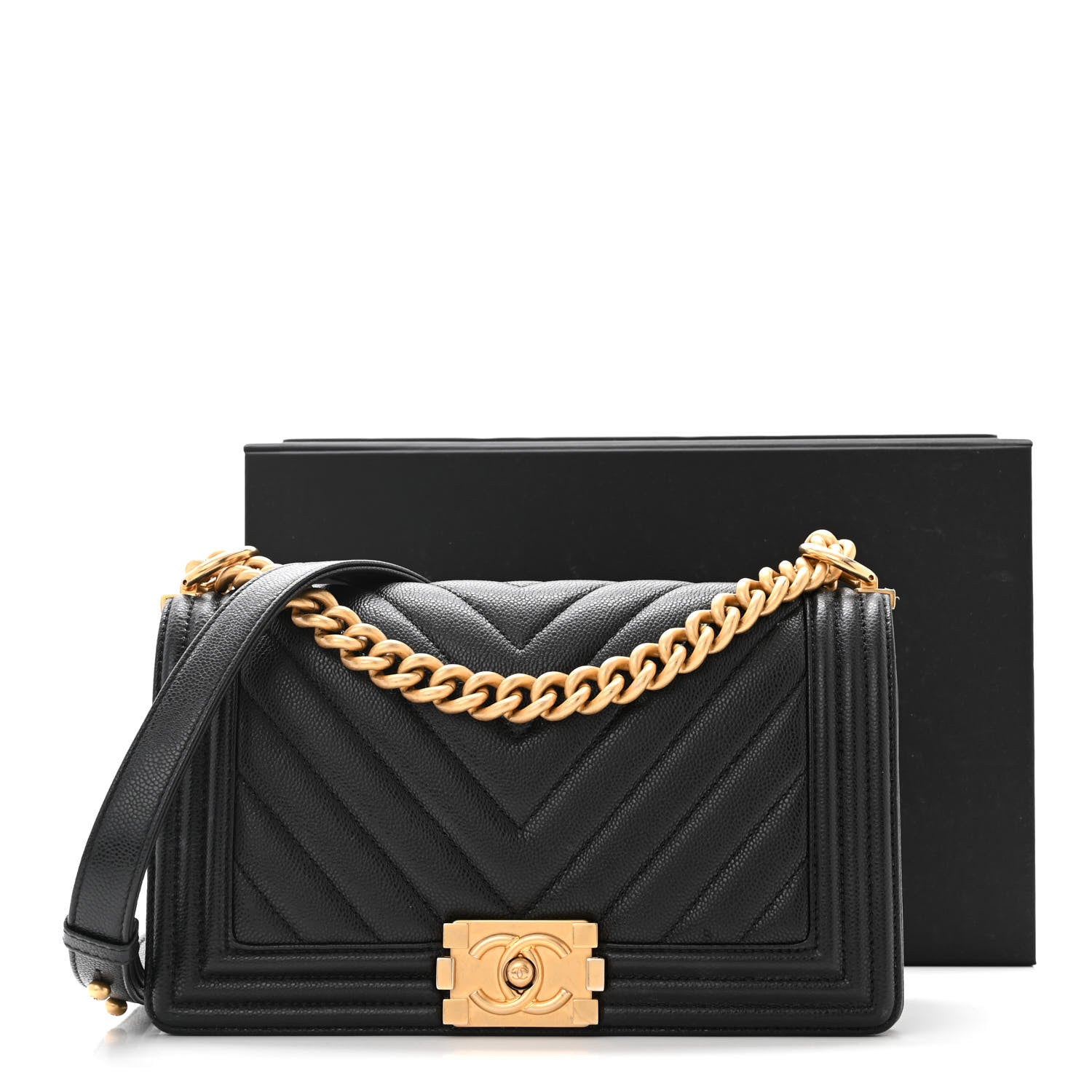 Chanel Caviar Chevron Quilted Medium Boy Flap Black 15 of 15