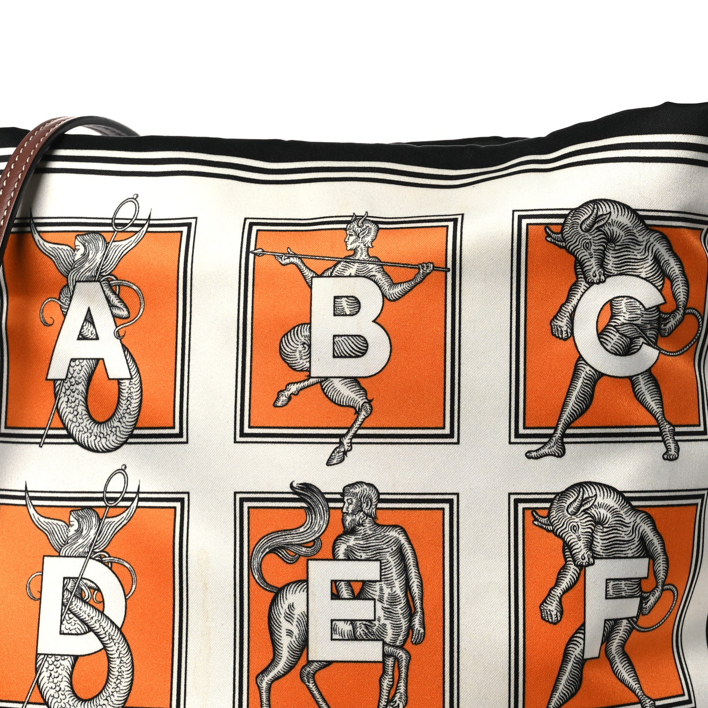 Satin Mythical Alphabet Drawstring Pouch Orange Black White