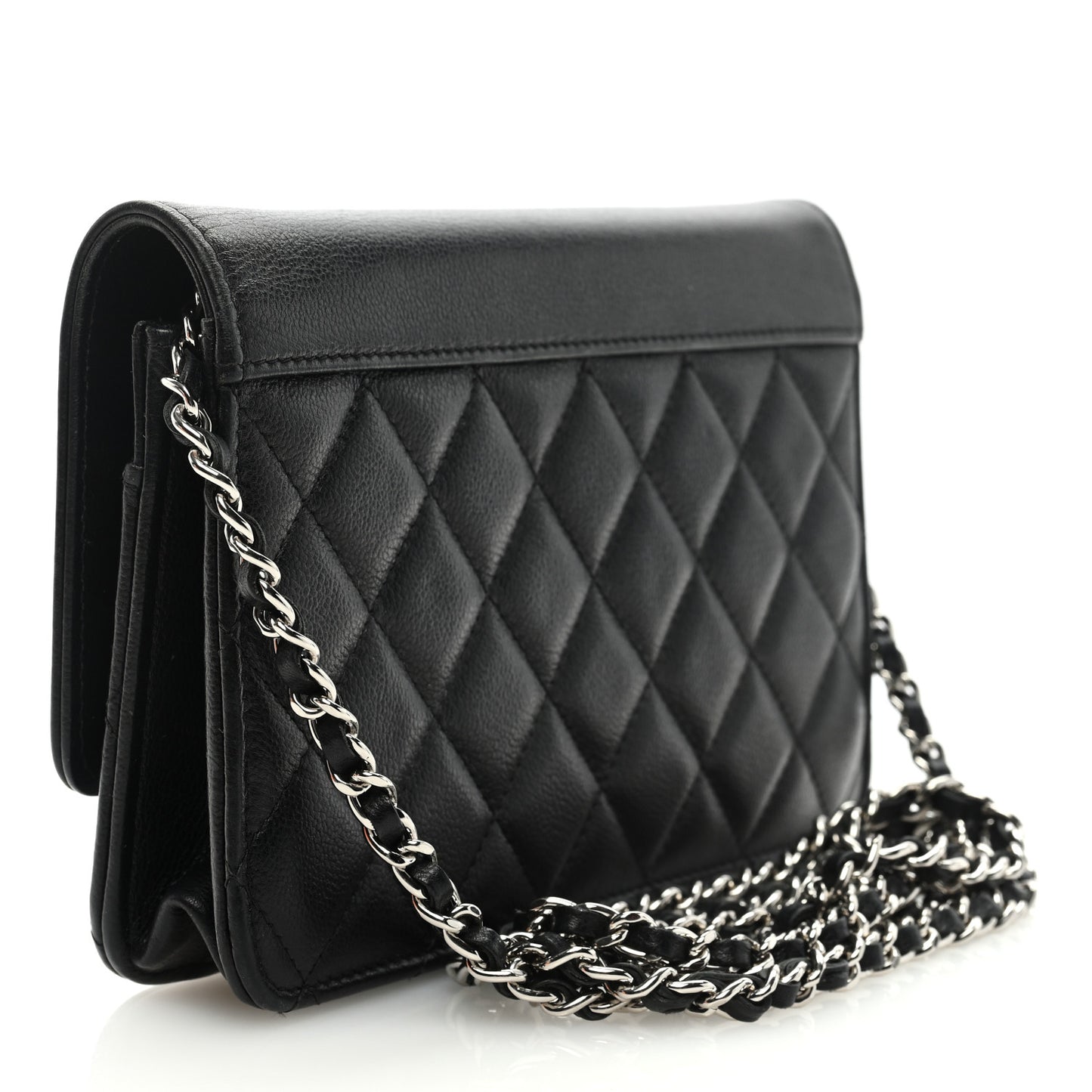 Grained Calfskin Quilted CC Box Wallet On Chain WOC Black