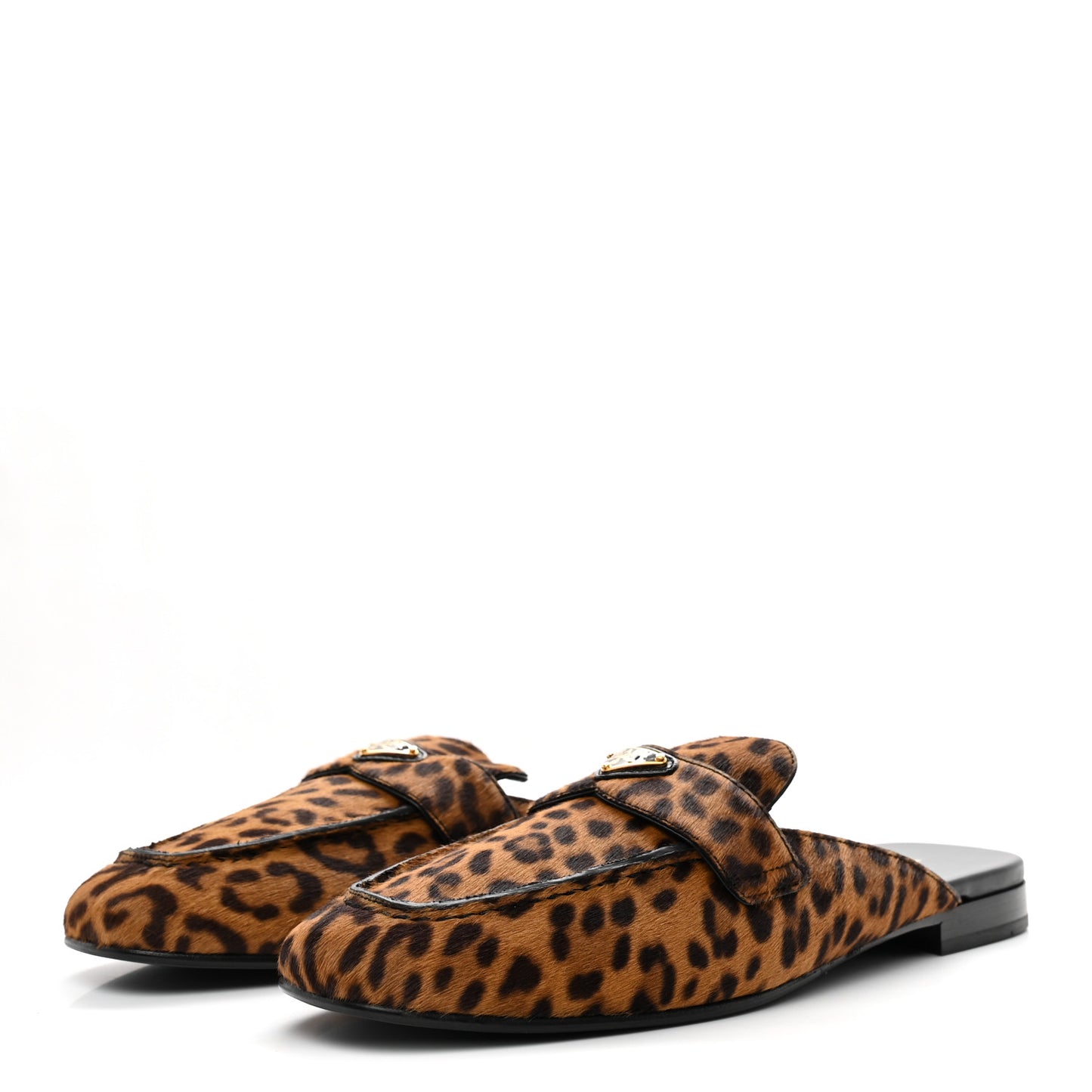 Pony Hair Leopard Metal Triangle Logo 10mm Loafer Mules 40 Brown